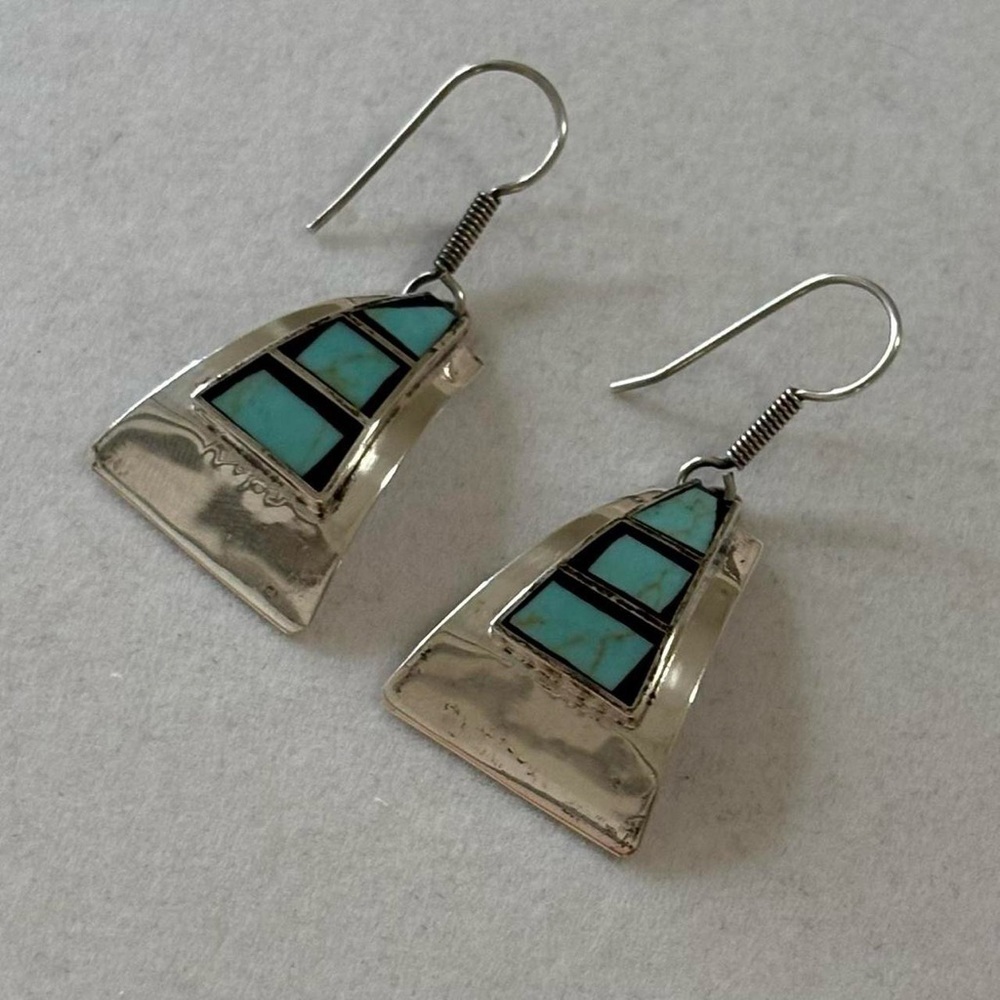 Vintage Taxco Mexico 950 Silver Turquoise Inlay Boho Dangly Statement Earrings